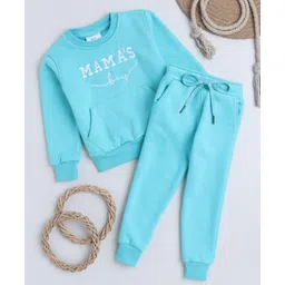 Knitting Doodles Fleece Woven Full Sleeves Mamas Boy Text Embroidered Winter Sweatshirt With Jogger Set - Turquoise-picture-28