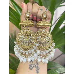 Anouk Gold-Plated Contemporary Artificial Stones Studded and Beaded Chandbalis image 2