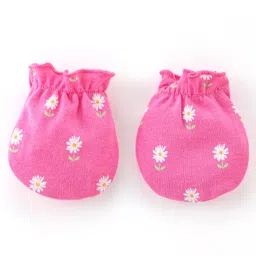 Babyhug 100% Cotton Knit Mittens & Booties Set Floral Print - Pink image 2