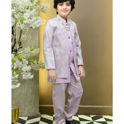 BT DEZINES Satin Woven Full Sleeves Abstract Embroidered Sequins & Pearls Embellished Sherwani Trousers With Mala Set - Lilac image 5