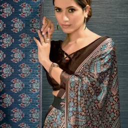MYSILKLOVE Brown Silk Printed Saree With Unstitched Blouse image 3