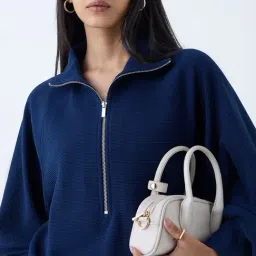 LOV by Westside Navy Ribbed-Textured Quarter-Zip Sweatshirt image 4