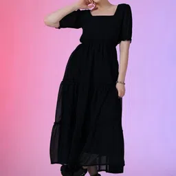 Krunal Raiyani Puff Sleeve Applique Georgette Fit & Flare Maxi Dress-image-25