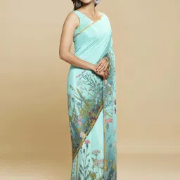 navyasa by liva Turquoise Floral Print Saree With Unstitched Blouse image 3