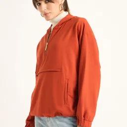 FEMMELLA Rust Relaxed Fit Solid Hooded Sweatshirt image 3