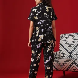 Clovia Crepe Printed Button Down Shirt & Pyjama Set - Black image 5