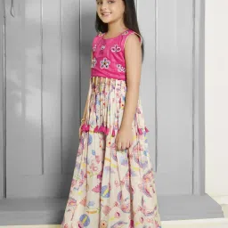 Ministitch Girls Cream Cotton Silk Floral Print Suit Set image 3