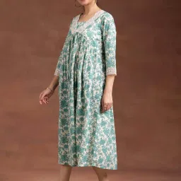 Libas Beige & Green Cotton Printed A-Line Dress image 3
