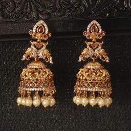 Saraf RS Jewellery Red Kempu Statement Gold Toned Peacock Temple Bridal Jhumki Earring-picture-10