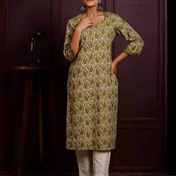 RIMELINE FASHION Ethnic Motifs Printed Round Neck Cotton Mirror Work Straight Kurtas-image-0