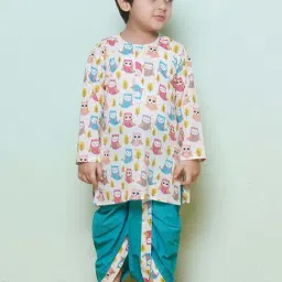 AJ Dezines Kids White & Teal Blue Cotton Printed Full Sleeves Kurta Set-image-31