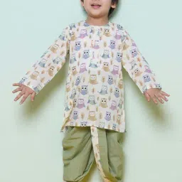 AJ Dezines Kids White & Green Cotton Printed Full Sleeves Kurta Set-image-29