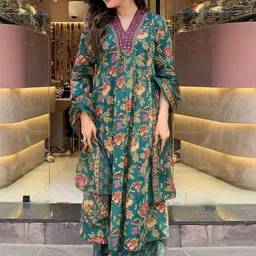Art Avenue Floral Printed Pure Cotton A Line Kurta With Palazzos & Dupatta-picture-15