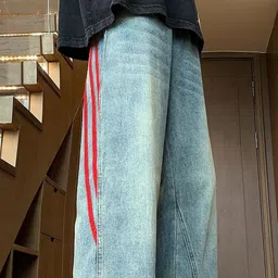 StyleCast Men Washed Wide Leg Cotton Jeans With Red Side Stripe image 4