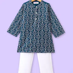 Babyhug Woven Floral Embroidered Full Sleeves Kurta & Pyjama Set- Blue-picture-27