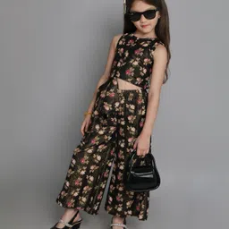 Taffykids Sleeveless Floral Printed Top With Coordinating Palazzo Set - Black & Multi Colour-image-69