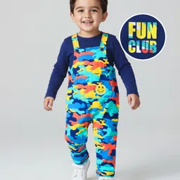 Babyhug Single Jersey Knit Full Sleeves Text & Camouflage Printed T-Shirt & Dungaree - Navy Blue-picture-28