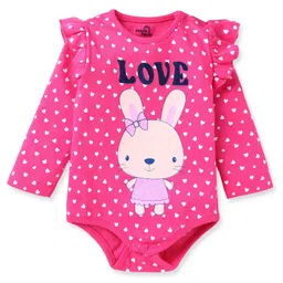 Doodle Poodle 100% Cotton Knit Full Sleeves Hearts & Bunny Print Onesie with Frill Detailing - Dark Pink-picture-11