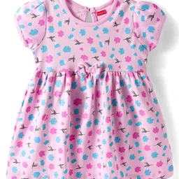 Babyhug Interlock Knit Half Sleeves Frock With Floral Print & Bow Applique - Pink image 1