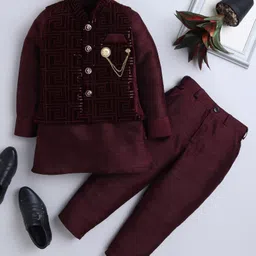 Ahhaaaa Velvet Full Sleeves Solid Kurta & Pant With Sequin Embellished Jacket Set - Wine-picture-20