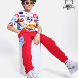 OLLINGTON ST. Cotton Half Sleeves Text Printed T-Shirt & Knit Joggers Set - Red & White-image-45