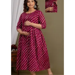 NEVISHA STYLE Cotton Woven Three Fourth Sleeves Leheriya Printed Maternity Kurta With Side Zipper Nursing Access - Purple-image-92