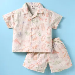 ToffyHouse Cotton Woven Half Sleeves Shorts Co-Ord Night Suit With Beach Theme Print - Cream-image-34