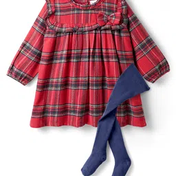 Babyhug Cotton Woven Full Sleeves Checkered Frock with Leggings & Bow Applique - Red-picture-19