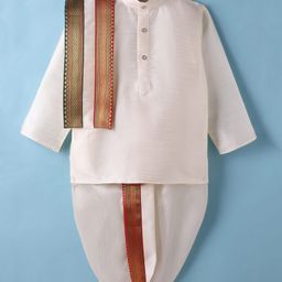 Dapper Dudes Woven Full Sleeves Solid Kurta With Ethnic Foil Printed Dhoti & Angavastram Set - Off White-picture-0