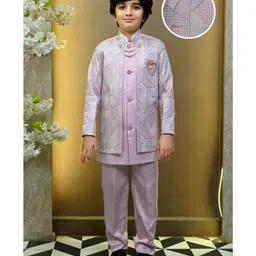 BT DEZINES Satin Woven Full Sleeves Abstract Embroidered Sequins & Pearls Embellished Sherwani Trousers With Mala Set - Lilac-picture-12
