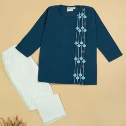 Desi Soota Cotton Woven Full Sleeve Leaves Embroidered Kurta Pyjama Set - Blue-picture-17