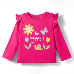 Babyhug 100% Cotton Knit Full Sleeves Top with Frill & Floral Print - Dark Pink-picture-20