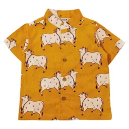 Snowflakes Cotton Woven Half Sleeves Cows Printed Shirt - Yellow-picture-12