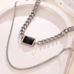 French Accent Men Silver-Plated Artificial Stones Studded Multi-Layer Minimal Chain-picture-12