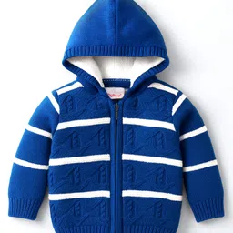Babyhug Knit Full Sleeves Hooded Sweater Set With Stripes - Blue image 2