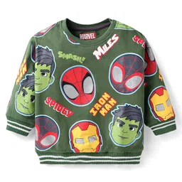 Babyhug Marvel Terry Knit Full Sleeves T-Shirt & Lounge Pant Set With Spidey & Friends Graphics - Green image 2
