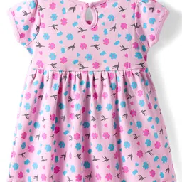 Babyhug Interlock Knit Half Sleeves Frock With Floral Print & Bow Applique - Pink image 2