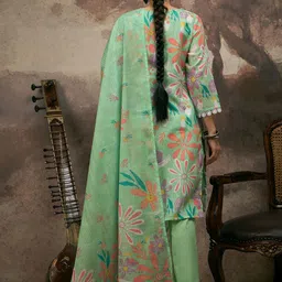 Anouk Women Floral Printed Regular Linen Kurta with Trousers & With Dupatta image 3