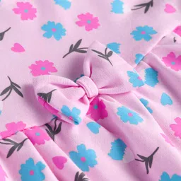 Babyhug Interlock Knit Half Sleeves Frock With Floral Print & Bow Applique - Pink image 3