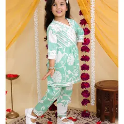 AJ Dezines Cotton Woven Three Fourth Sleeves Floral Printed Mirror Work Detailed Coordinating Kurti Pant Set - Green image 4