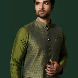 KISAH Men Geometric Kurta Nehru Jacket Churidar Set image 2