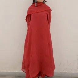 Asrumo Red Sukoon Summer Hand Aari Embroidery Viscose Organza Three Anarali Kurta with Palazzo and Dupatta image 3