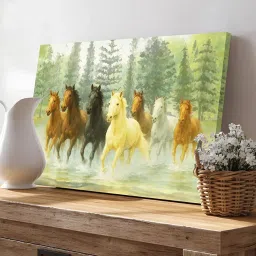 Art Street Green Canvas Seven Running Horses in Forest Vastu Feng Shui Wall Art image 3