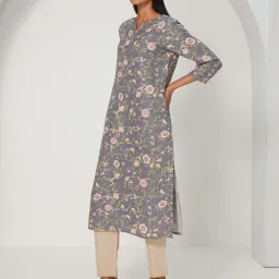 Ancestry Smoke Grey Floral Print Straight Kurta image 3
