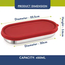 Magnus Easy Lock Oval Red Stainless Steel Container with Leakproof Lid 450 ml image 3
