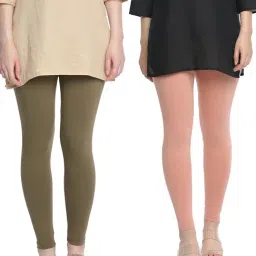 Dollar Missy Peach & Olive Cotton Leggings - Pack of 2-image-65