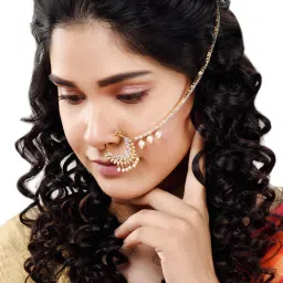 Saraf Rs Jewellery Gold Plated Ad & Pearl Studded Handcrafted Nose Ring image 3