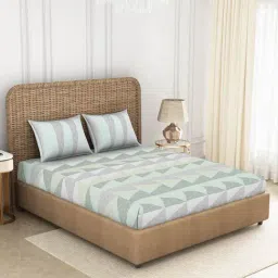 Spaces Printed Green 144 TC Cotton Queen Fitted Sheet with 2 Pillow Covers-image-0