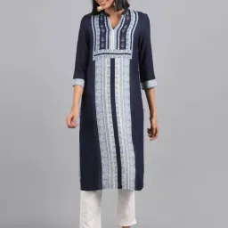 W Blue Woven Pattern Straight Kurta-image-0
