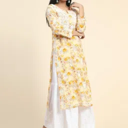 House of Kari Light Yellow Noor Printed Emb Kurta in Mul image 3